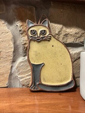 Handmade Ceramic Cat Pottry Wall Hanging - Yellow and Gray Cottage Core